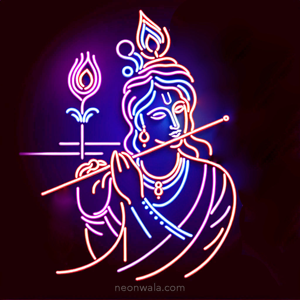 Lord Shri Krishna Neon Sign Light - Hare Krishna Line Wall Art | Sri Krishna Digital Modern Art