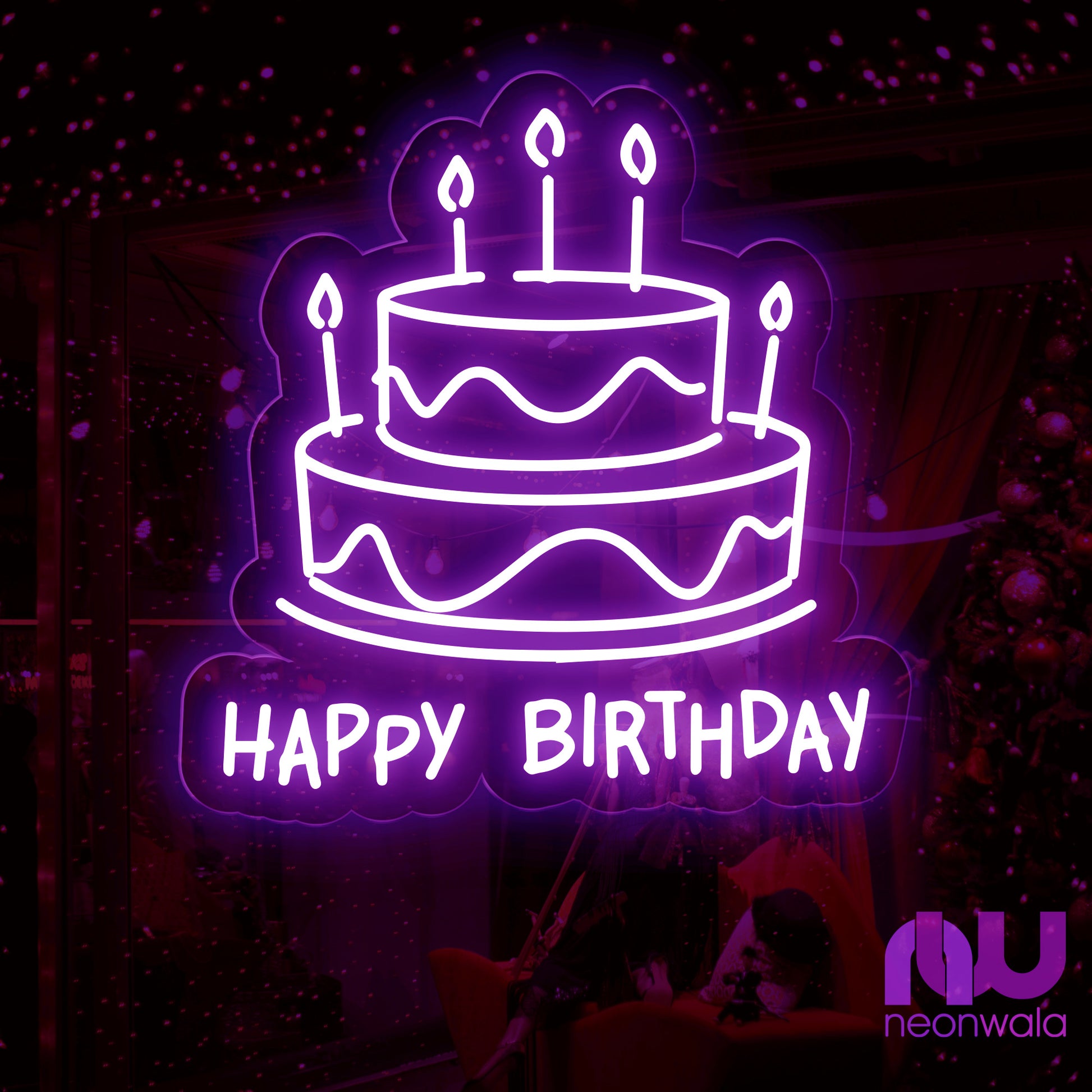 happy birthday neon sign for backdrop purple color